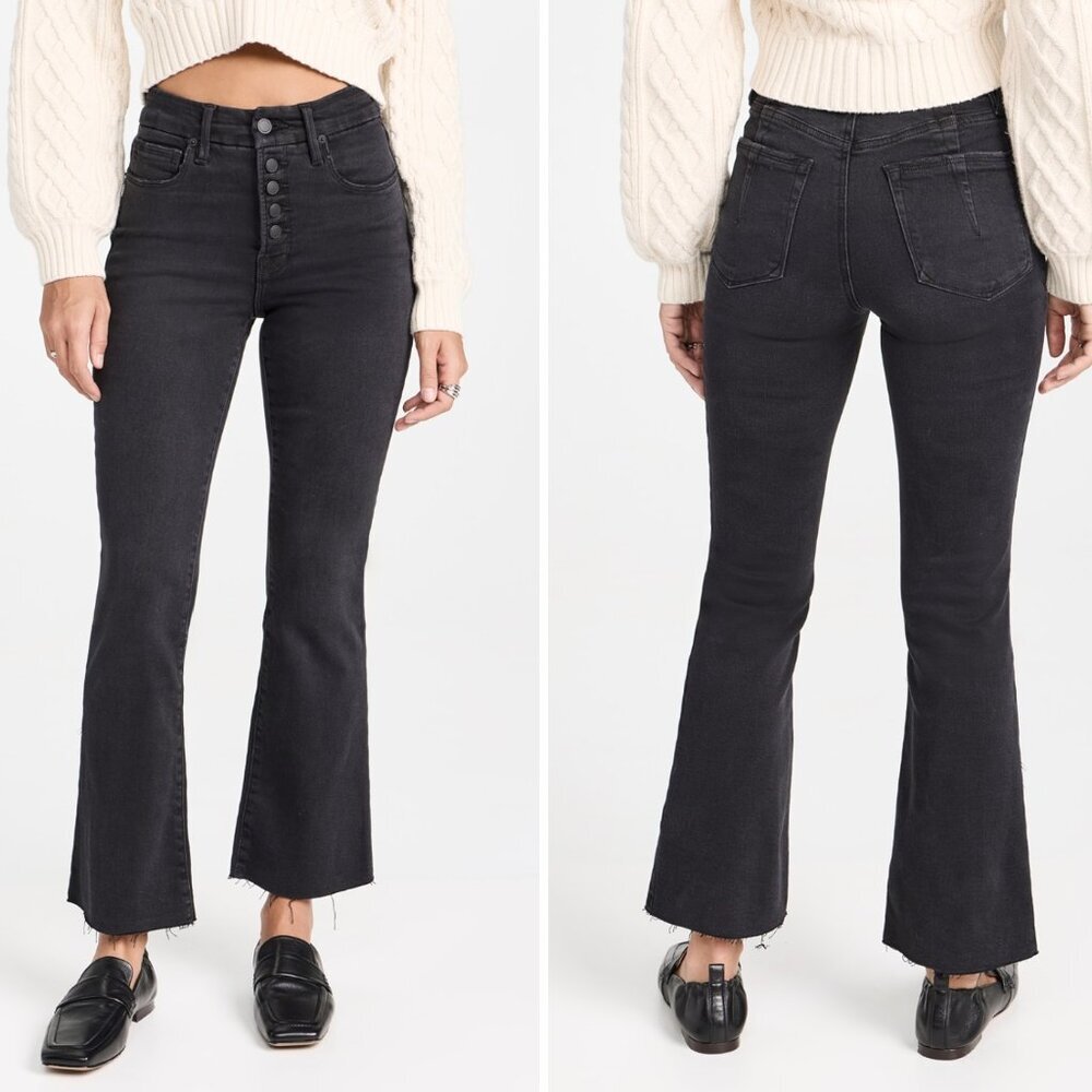 Good American Good Legs Mini Boot Crop Jeans Black Denim Button Fly Sz 14 32